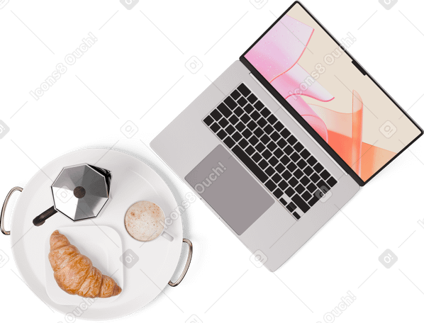 3D Vista dall'alto del laptop, della moka e del croissant sul vassoio PNG, SVG