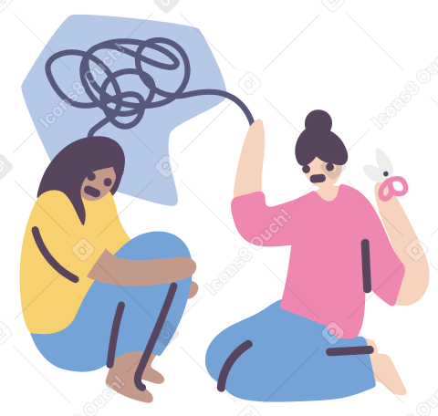 Sad woman with a tangle of confused thoughts over her head sits in front of a woman with scissors ready to help Illustration in PNG, SVG