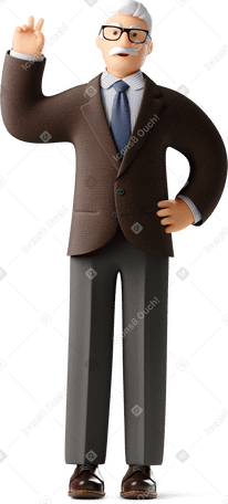 3D old businessman in classical suit and glasses showing v sign Illustration in PNG, SVG