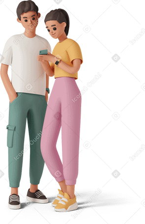 3D young woman showing phone screen to man PNG, SVG