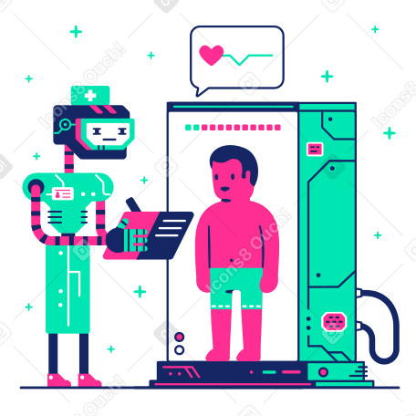 Robot doctor examines a man in a medical tube Illustration in PNG, SVG