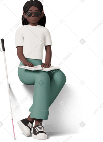 3D blind girl sitting and reading book Illustration in PNG, SVG