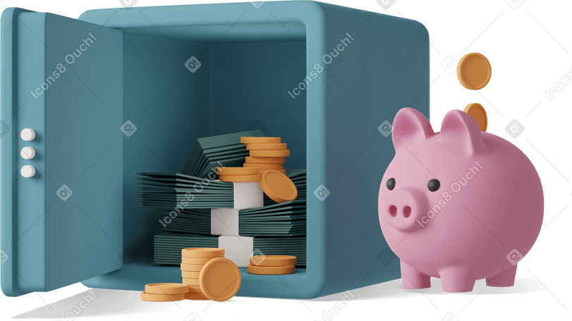 3D open safe box with piggy bank Illustration in PNG, SVG