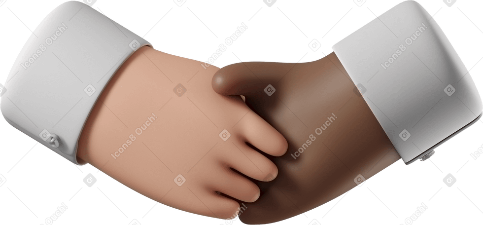 3D Handshake of white skin and dark brown skin hands Illustration in PNG, SVG