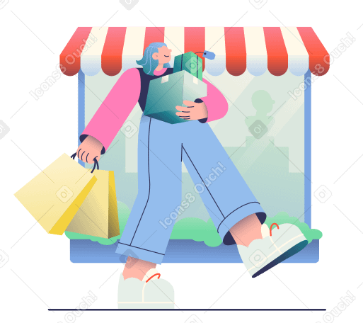 Woman walking with purchases after shopping Illustration in PNG, SVG