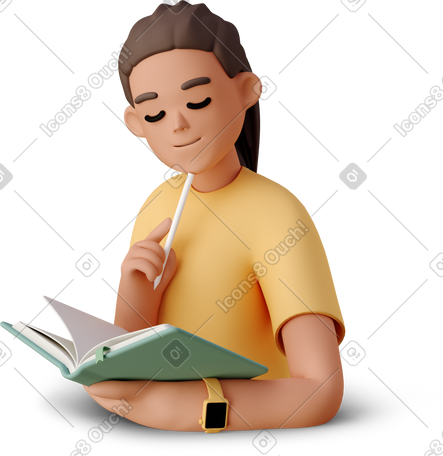 3D young woman reading book and holding pen PNG, SVG