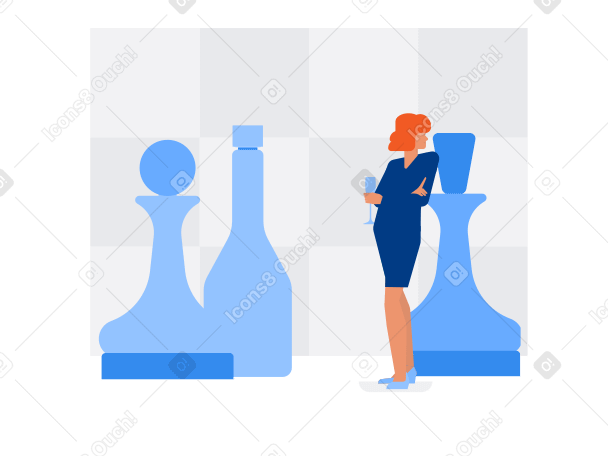 Woman standing near chess pieces PNG, SVG