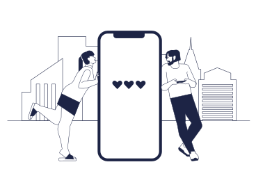 街の背景にスマートフォンの横で女性と男性がお互いを見る PNG、SVG