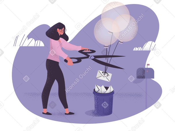 Woman cutting thread of balloons with envelopes PNG, SVG