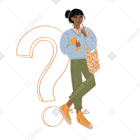 Woman thinking near question mark PNG, SVG
