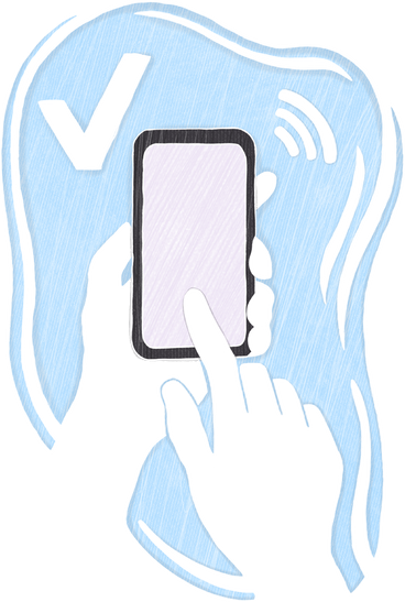 hands holding phone on blue background with done icon PNG, SVG