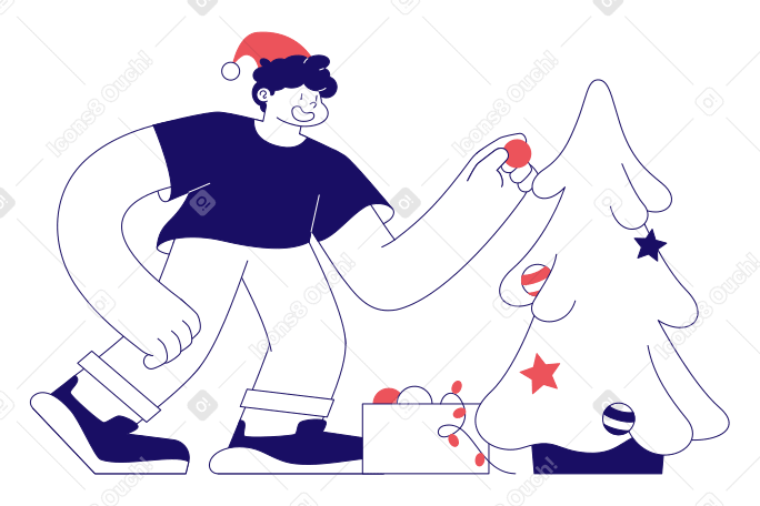 Junger mann schmückt einen weihnachtsbaum animierte Grafik in GIF, Lottie (JSON), AE
