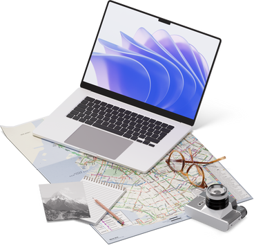 地图、笔记本电脑、相机、眼镜、明信片的等距视图 PNG, SVG