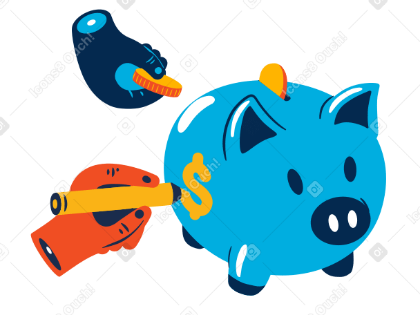 Hands drawing a dollar sign on the piggy bank and putting coins in it в PNG, SVG