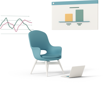chair and laptop with statistic chart PNG, SVG