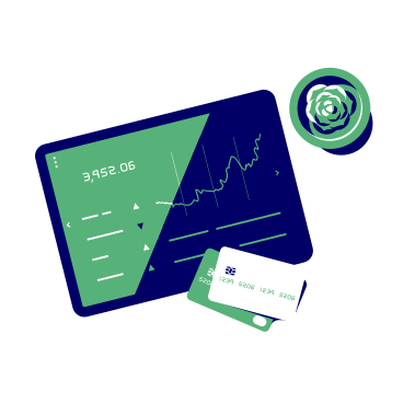 財務統計のスクリーンショット、オフィスプラントの上面図、2枚の銀行カードを備えたタブレット PNG、SVG