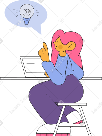 Woman types on a laptop and generates an idea Illustration in PNG, SVG