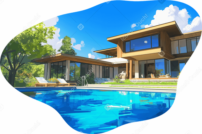수영장 배경을 갖춘 현대적인 집 PNG, SVG