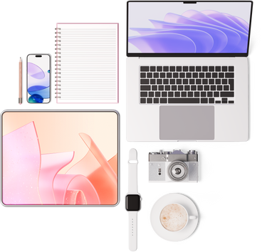 Top view of laptop, tablet, notebook, smartphone, camera, smartwatch, cup of coffee and pencil PNG, SVG
