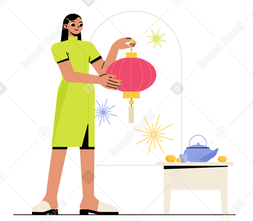 Woman holds a Chinese lantern Illustration in PNG, SVG