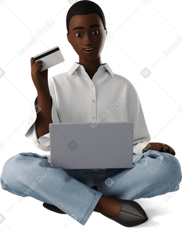 3D young woman with laptop shopping online Illustration in PNG, SVG