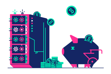 Crypto piggy bank with bitcoins gets rich due to graphic cards PNG, SVG