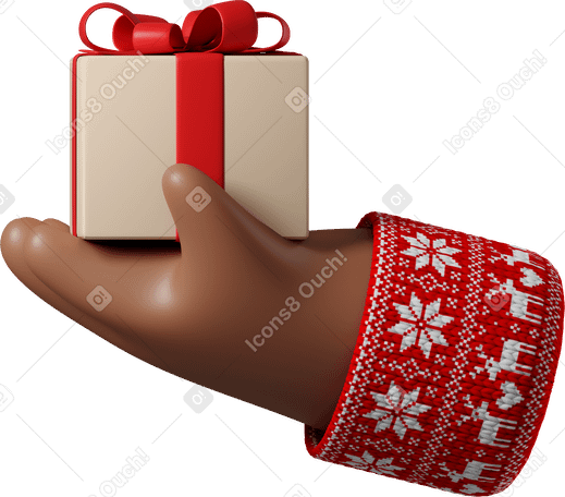 3D Темно-коричневая кожаная рука в красном свитере с рождественским узором держит подарочную коробку в PNG, SVG