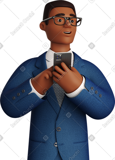 Black businessman in blue suit with phone looking aside PNG, SVG