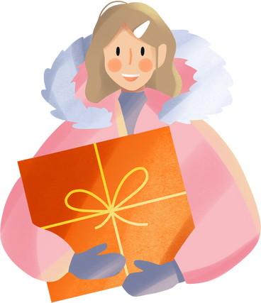 woman in a pink winter jacket with an orange gift PNG, SVG