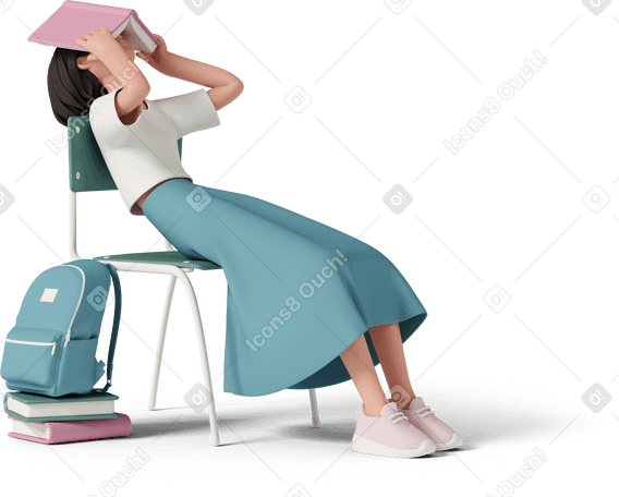 3D tired female student sitting with book on her face PNG, SVG