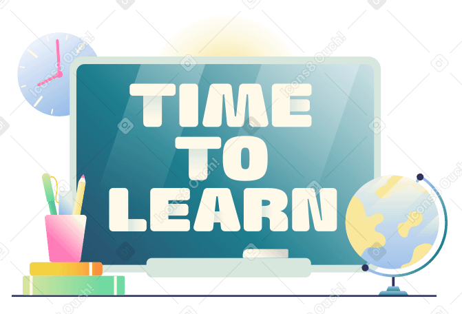 Schriftzug „time to learn“ an bord mit globus und bleistifttext PNG, SVG