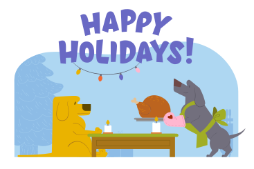 Happy holidays text and dog setting the holiday dinner PNG, SVG