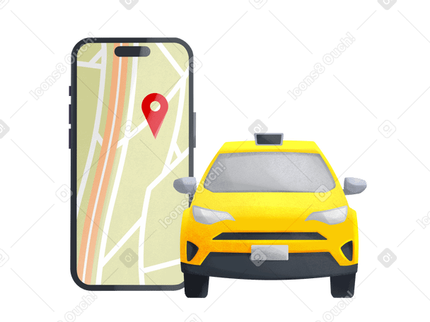 Yellow taxi car and phone with a map PNG, SVG