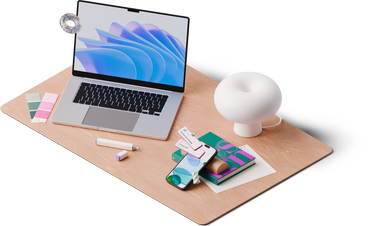 Isometrische ansicht des schreibtisches mit laptop, lampe, farbpalette und smartphone mit neuen nachrichten PNG, SVG