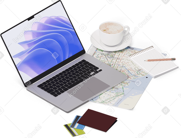 3D isometric view of map, laptop, notebook, credit cards PNG, SVG