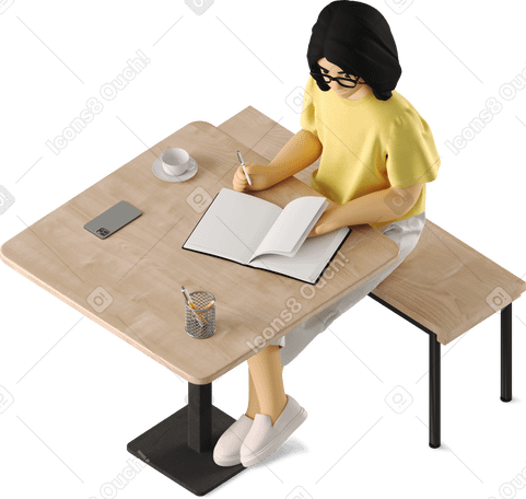 3D woman at work desk with book PNG, SVG