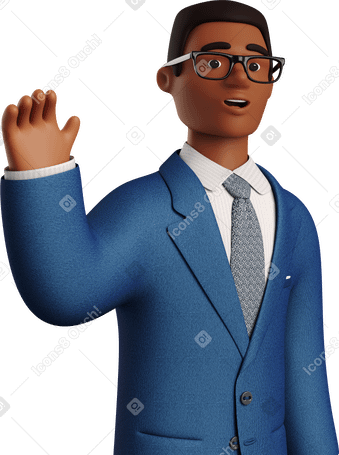3D black businessman in blue suit waving goodbye Illustration in PNG, SVG