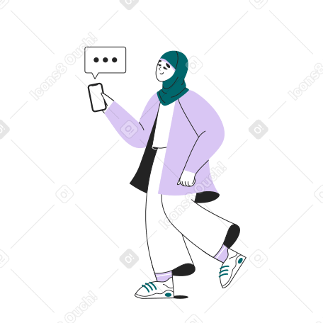 Mulher muçulmana andando e mandando mensagens de texto no telefone PNG, SVG