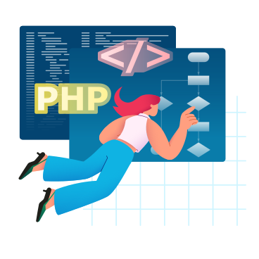 Женщина плавает в воздухе, работает с блок-схемой и пишет код в PNG, SVG