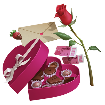 Geschenke zum valentinstag: schachtel pralinen, rose und brief PNG, SVG