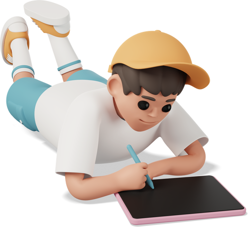 boy lying on stomach and using tablet with stylus in hand Illustration in PNG, SVG