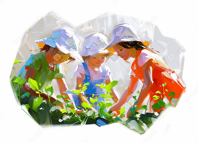 孩子们享受园艺的油画 PNG, SVG