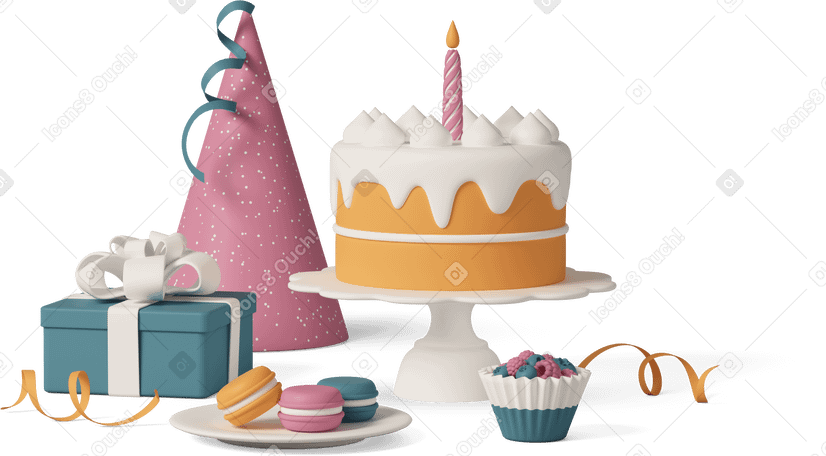 3D cake dessert and macaroons for birthday party PNG, SVG