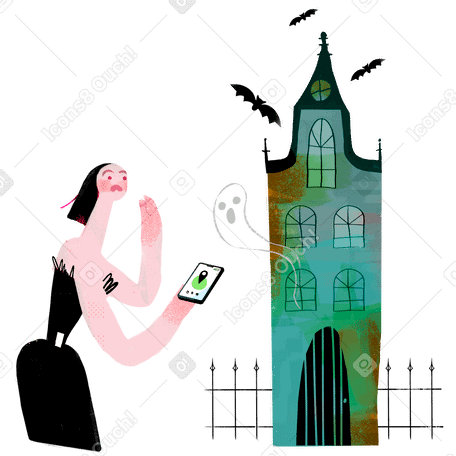 Woman with phone near spooky halloween castle PNG, SVG