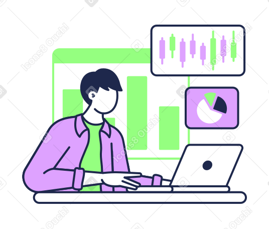 Ilustración animada de Comerciante de bolsa trabajando en una computadora portátil con gráficos en GIF, Lottie (JSON), AE