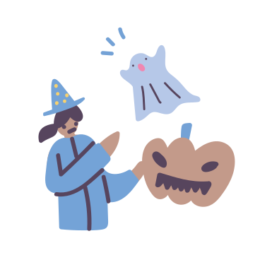 Witch holding a carved pumpkin with ghost flying above her PNG, SVG