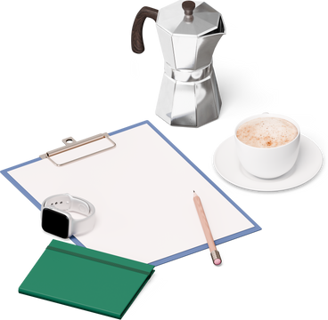 Vista isométrica del portapapeles, moka pot, reloj inteligente, lápiz, taza de café PNG, SVG