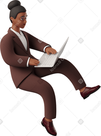 3D seated black businesswoman working on laptop PNG, SVG
