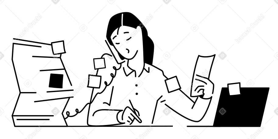 Illustration animée Jeune femme occupée avec son travail au bureau aux formats GIF, Lottie (JSON) et AE