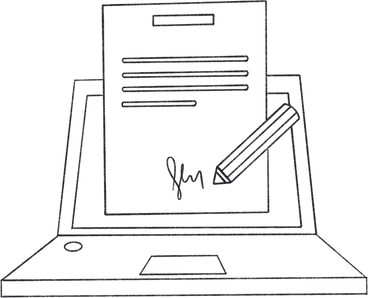 computer with a signed document PNG, SVG